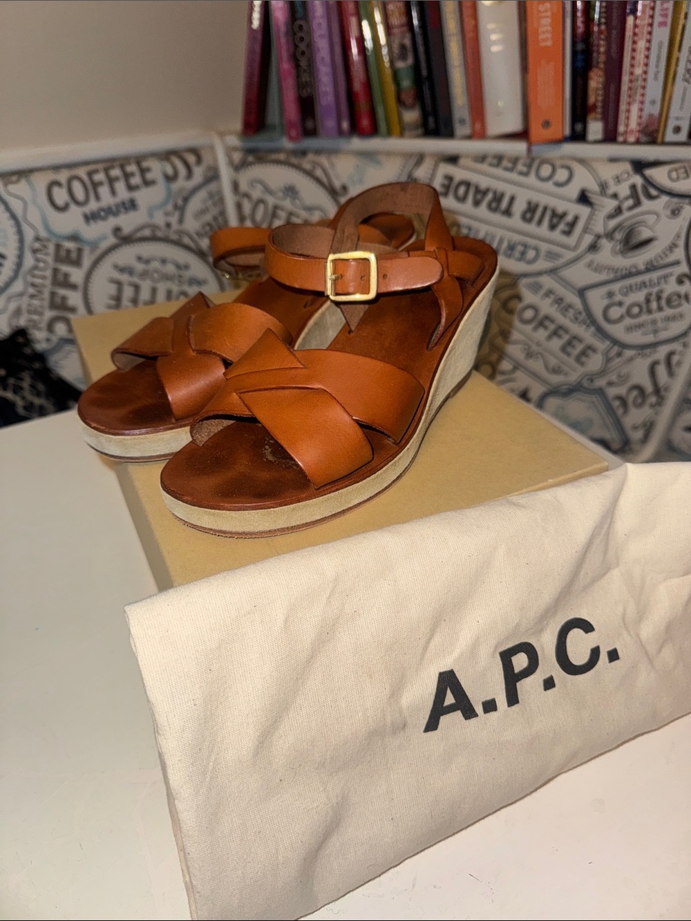 A.P.C. Brown Leather Wedge Sandals with Buckle
